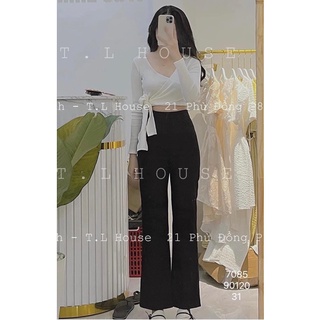 Set quần ống loe + áo cổ V tay dài cột nơ hông🔥