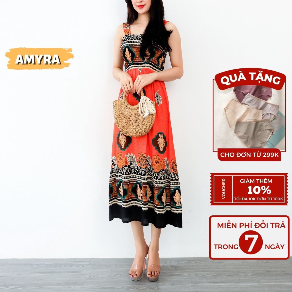 Đầm maxi trung niên mùa hè, hai dây eo bo thun họa tiết xinh đẹp AMYRA - Váy maxi cho mẹ mặc nhà hai dây đi biển Va201