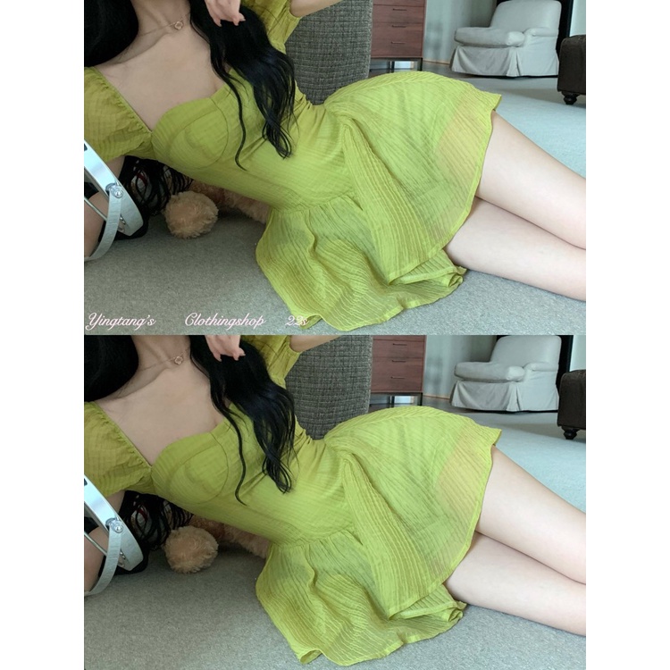 Đầm xanh bơ nữ tay phồng chiết eo tim