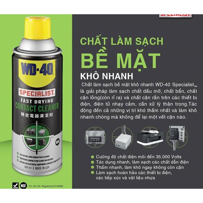 Chai Làm sạch bề mặt khô nhanh WD-40 Specialist Fast Drying Contact Cleaner (360ml)