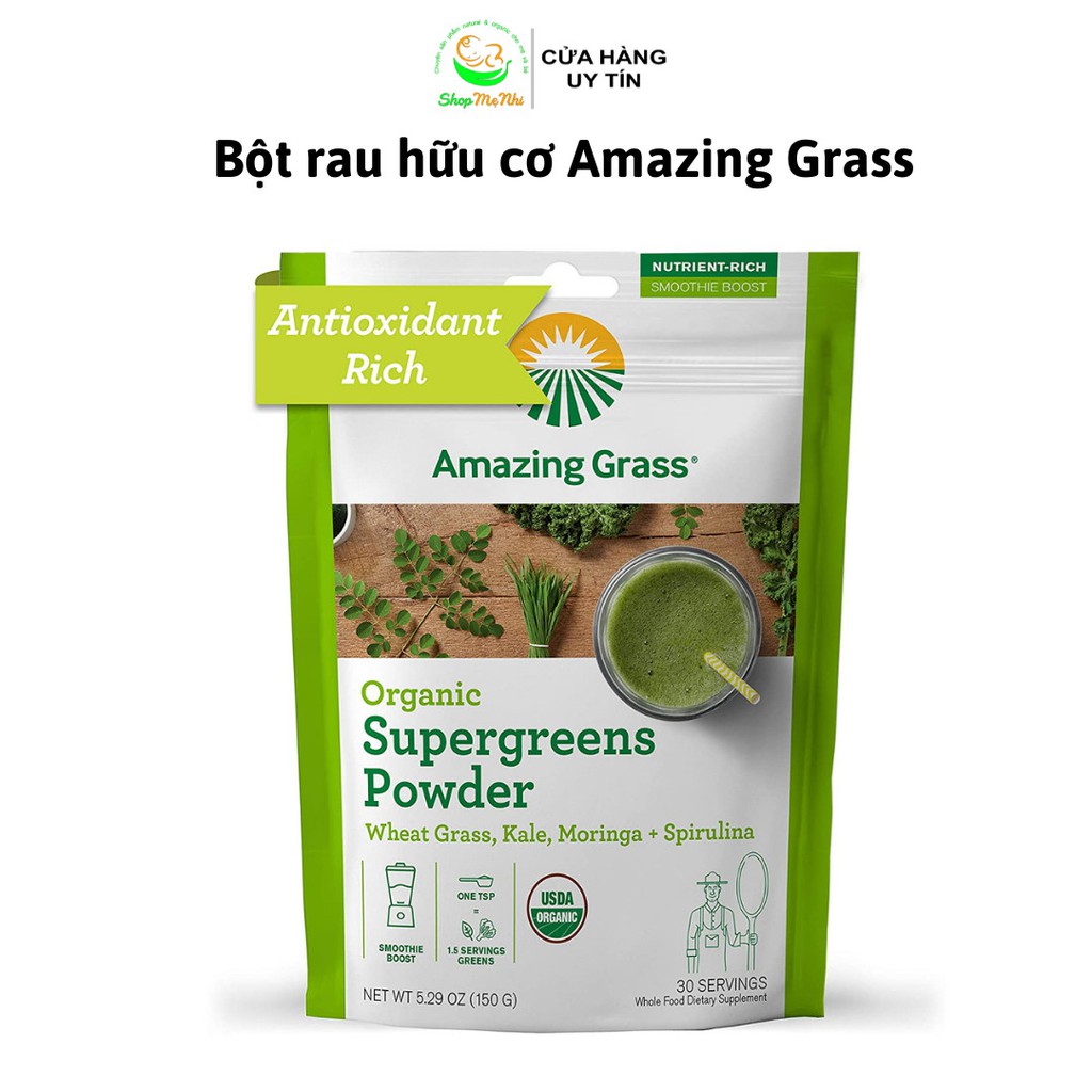 Bột rau hữu cơ cỏ lúa mì,  cải xoăn, chùm ngây và tảo spirulina Amazing Grass Organic SuperGreens Powder 150g.