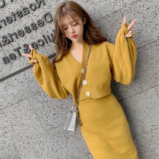 Bộ Áo Khoác Cardigan Dệt Kim Dáng Ngắn Phối Chân Váy Eo Cao Thời Trang Mùa Thu 2019 Cho Nữ