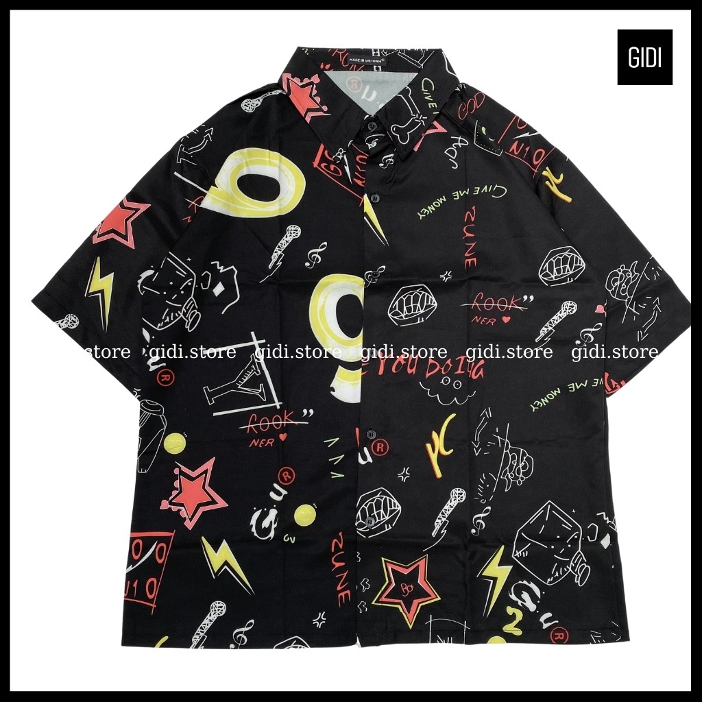 Áo sơ mi nam nữ unisex vải lụa form rộng tay lỡ in họa tiết hoá học ❤️ áo sơ-mi ngắn tay thoáng mát, vải không nhăn