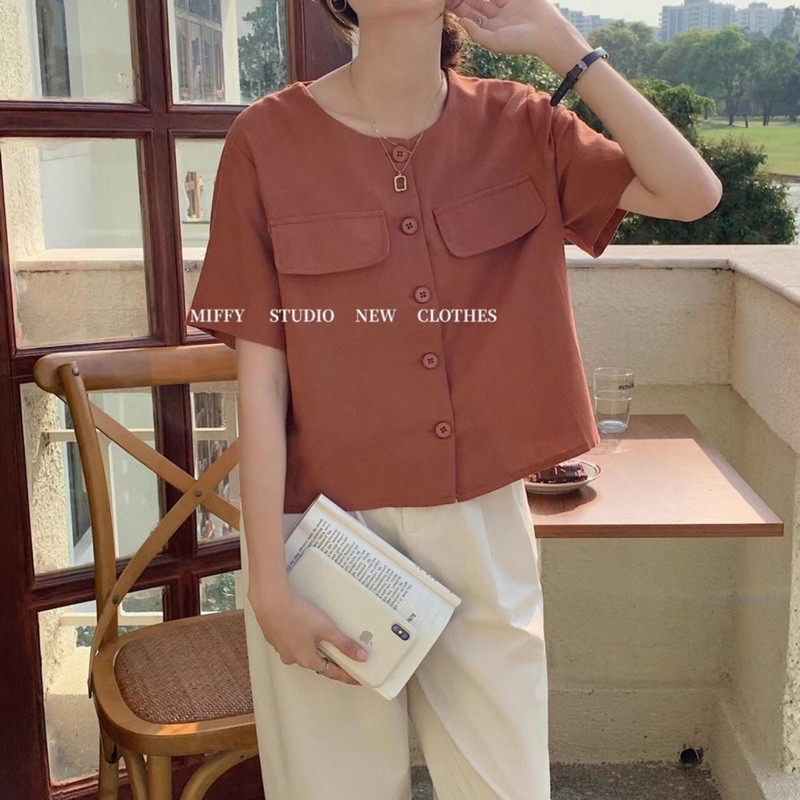 Áo kiểu linen nữ tay ngắn có túi