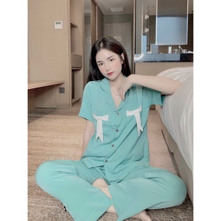 Đồ bộ pizama lụa mango trơn phối nơ