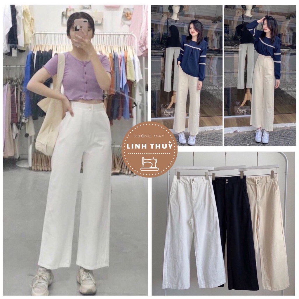 Quần kaki 2 cúc dáng suông học sinh - Culottes dài ống rộng cạp cao kiểu trẻ trung năng động hàn quốc đường phố ulzzang