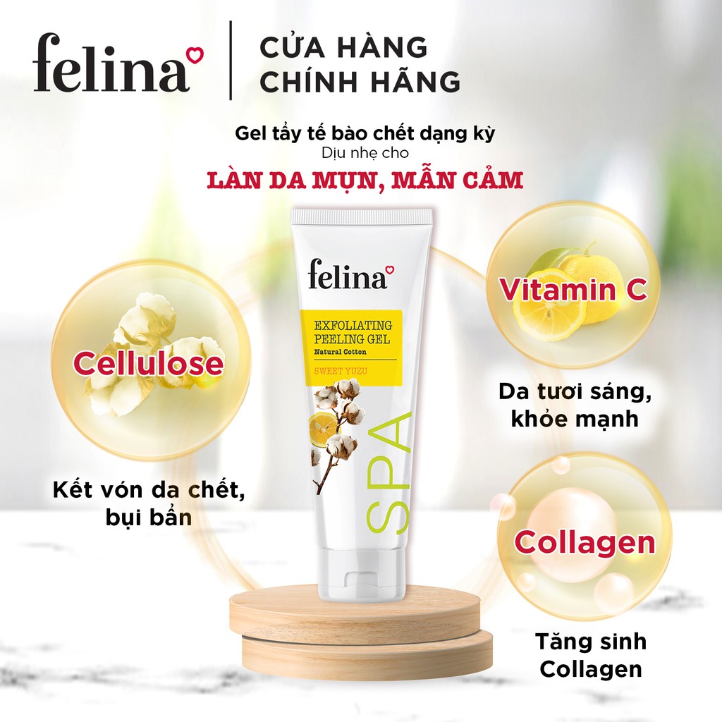 Gel tắm tẩy tế bào chết Felina Home Spa dạng gel kỳ 300ml từ sợi bông vải chiết xuất Cam Yuzu cho da sáng mịn