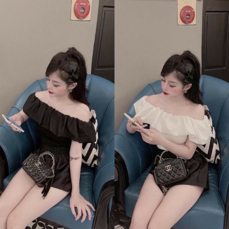 Áo trễ vai dáng ôm pha xinh xắn_036 chất mát, phom đẹp, nội y xanh