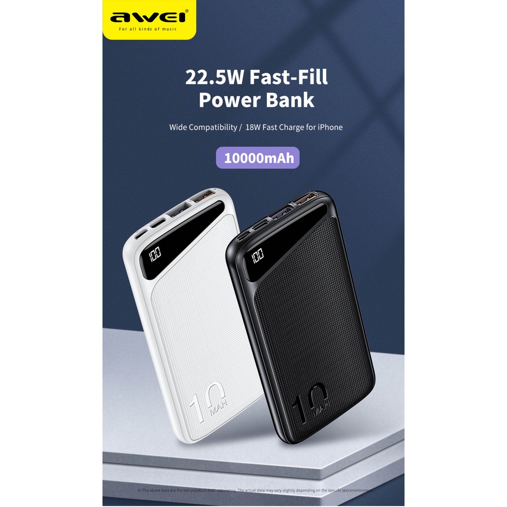 Sạc dự phòng AWEI P103K 10.000 mAh, hai cổng USB, PD 18W, màn hình LED kỹ thuật số chất lượng cao