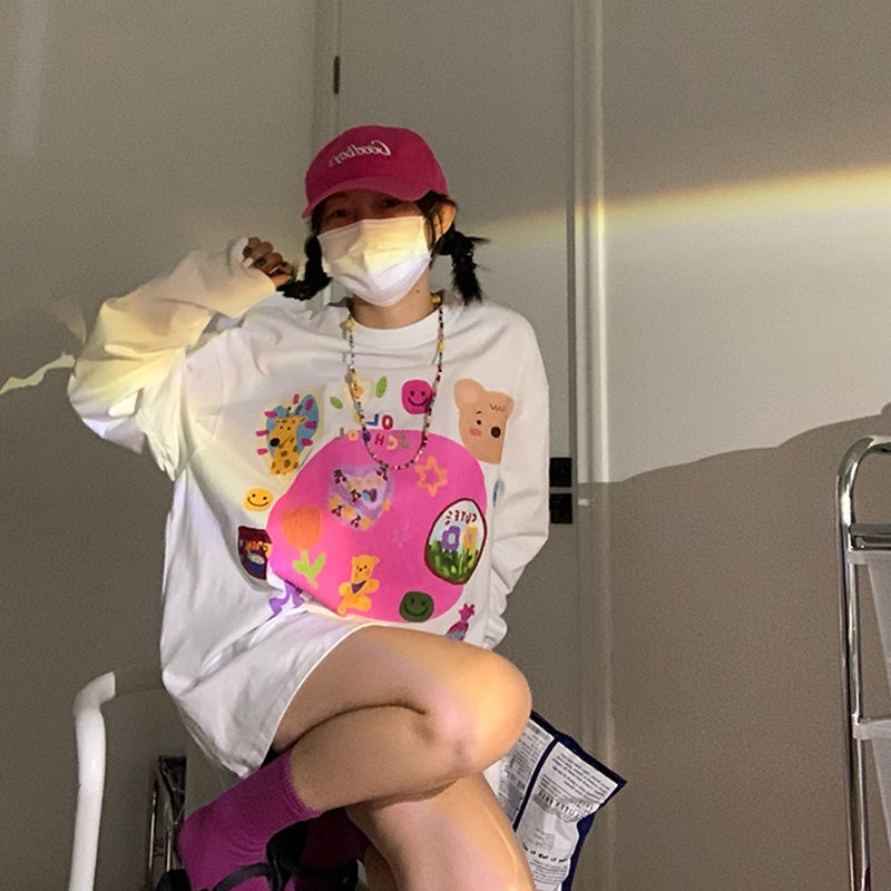 Áo thun tay dài dáng rộng thiết kế thời trang mùa thu theo phong cách Hàn Quốc cho nữ