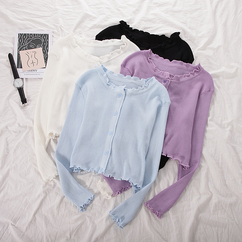 NUZIRO  Áo cardigan croptop  tay dài cổ tròn dệt kim phong cách Hàn Quốc đáng yêu dành cho nữ