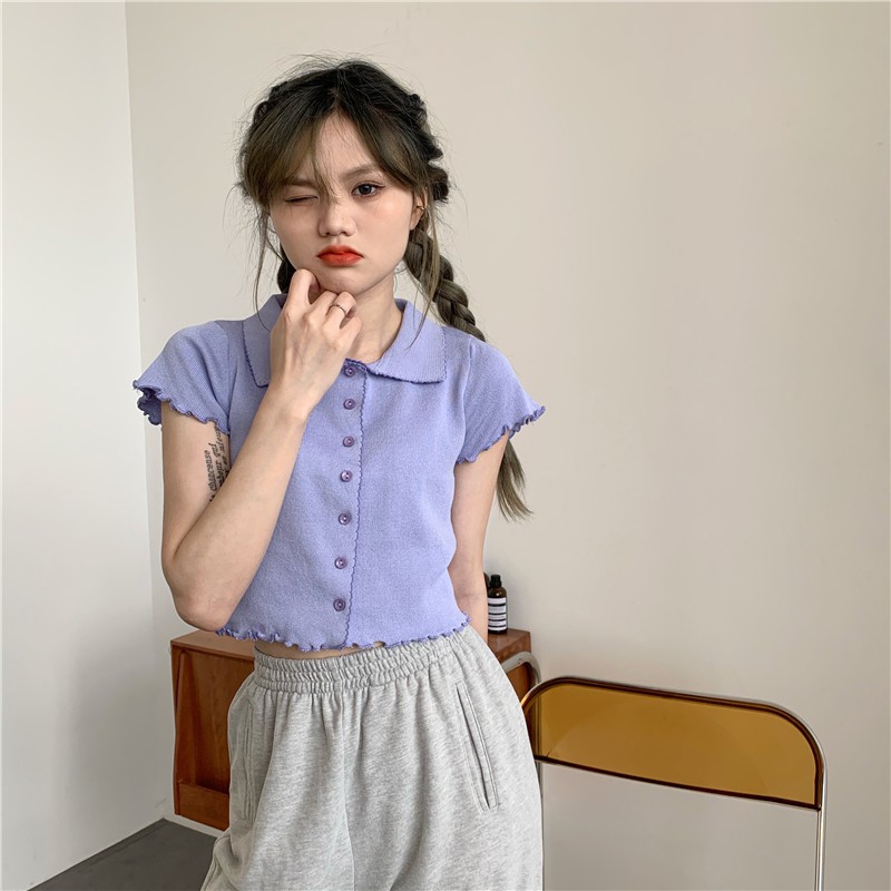 Korean women retro fashion tee wood ears short-sleeved crop top 7 C | BigBuy360 - bigbuy360.vn
