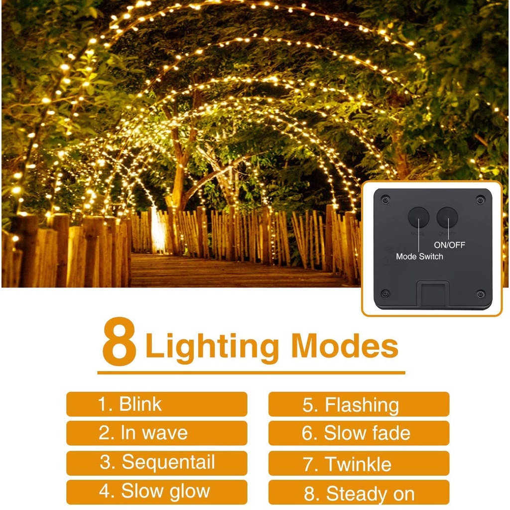 Dây Đèn Led Trang Trí Ngoài Trời Chống Nước 22M 200 Led Chạy Bằng Năng Lượng Mặt Trời 8 Chế Độ
