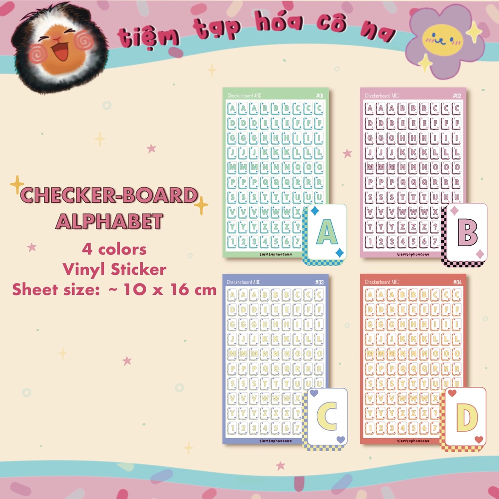Checker-board Alphabet Vinyl Sticker sheet - hình dán bảng chữ cái viền caro trang trí, chống nước - tiemtaphoacona