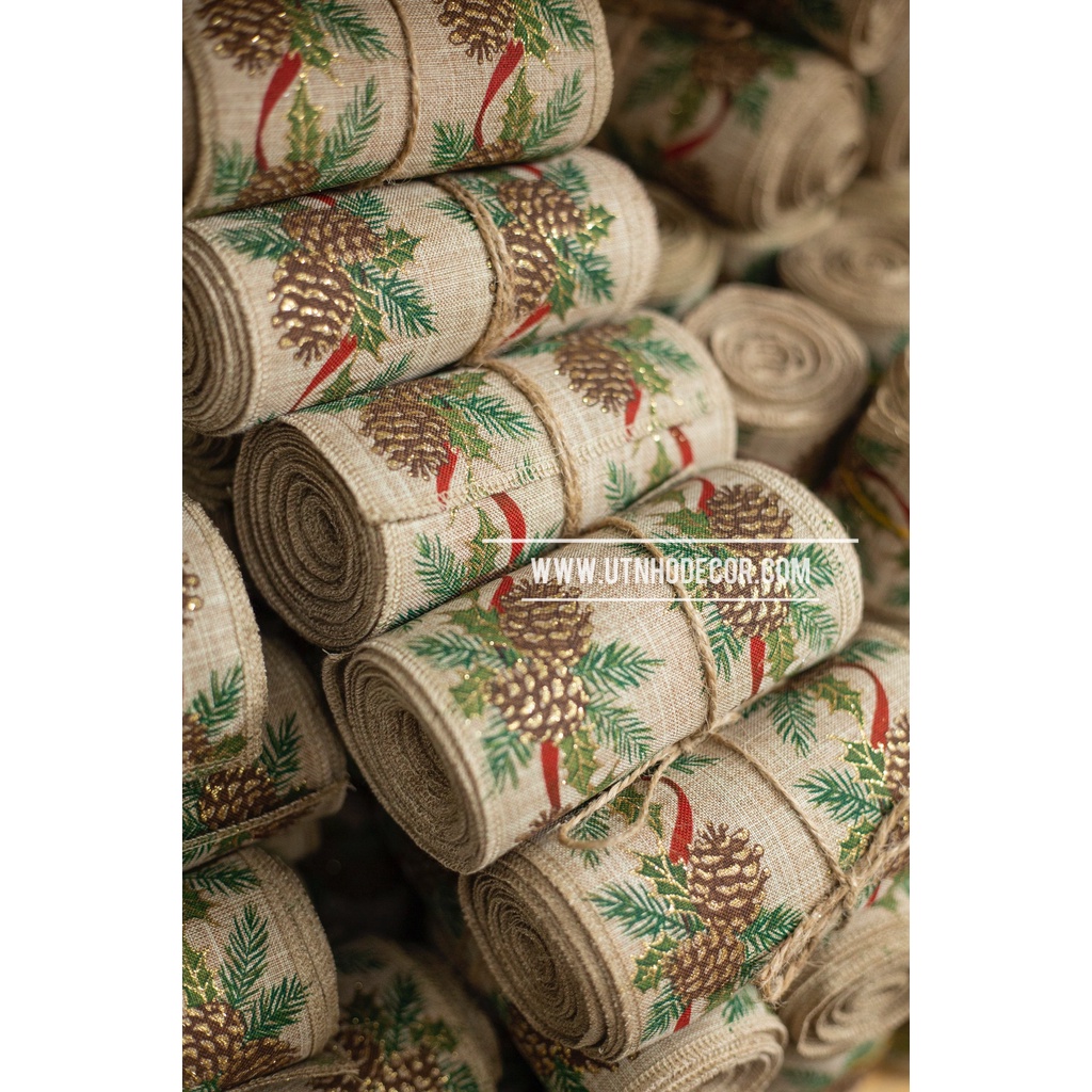 Ruy băng linen họa tiết trái thông Noel chiều dài 5 mét