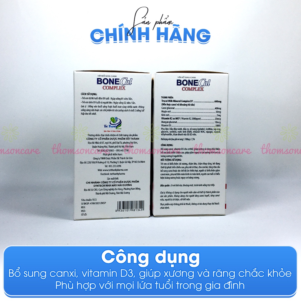 Bổ sung Canxi từ sữa Bone Cal Comlex, giảm loãng xương, còi xương ở trẻ em và người lớn, có thêm D3 K2 Hộp 30 viên