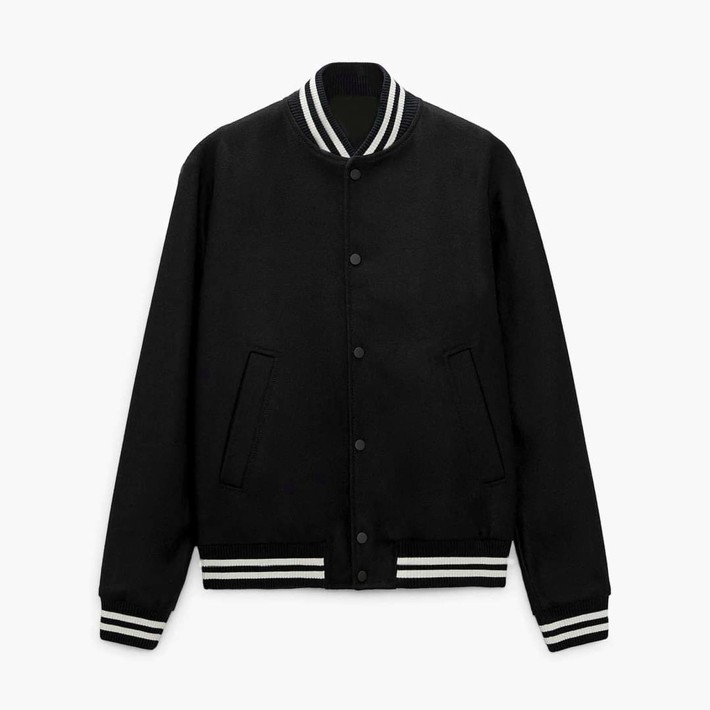 Áo Khoác Bomber Jacket Varsity Cardigan - Áo Bomber Nam Nữ Hot Trend V Full Đen