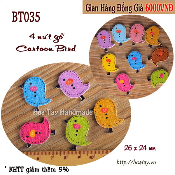 Nút gỗ trang trí Cartoon Bird BT035