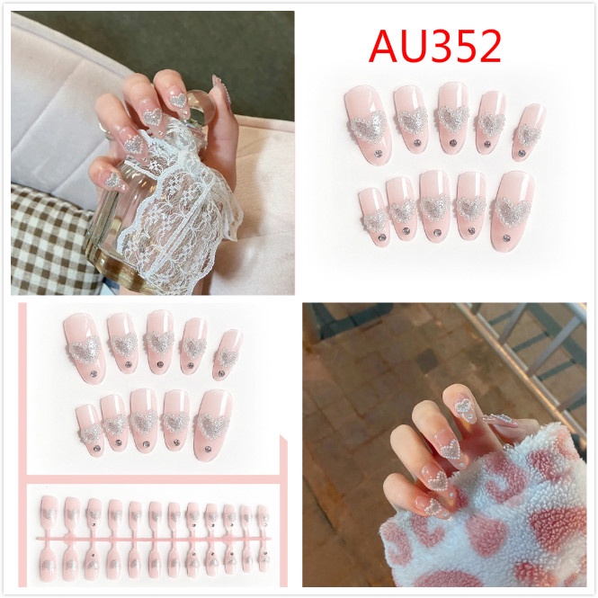 [Hàng mới về] Bộ 24 Móng Tay Giả Màu Xanh Dương Đính Nơ Và Trái Tim Xinh Xắn Chống Thấm Nước