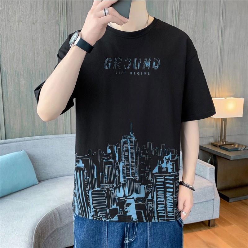 Áo Thun Tay Ngắn Cổ Tròn In Họa Tiết Phong Cách Hàn Quốc Cho Nam