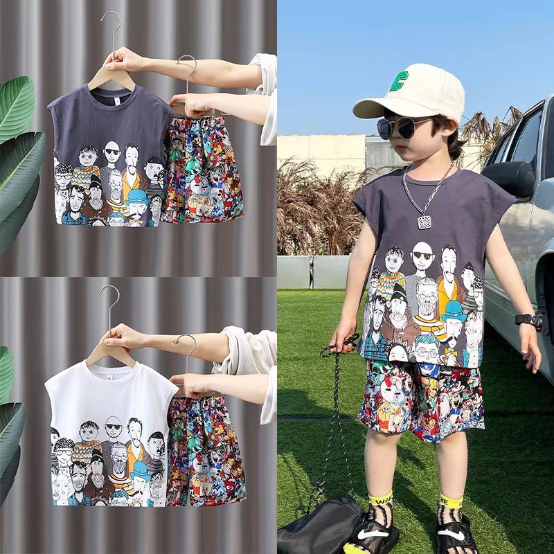 Bộ Áo Thun Sát Nách + Quần Đùi Họa Tiết Hoạt Hình Cho Bé Trai