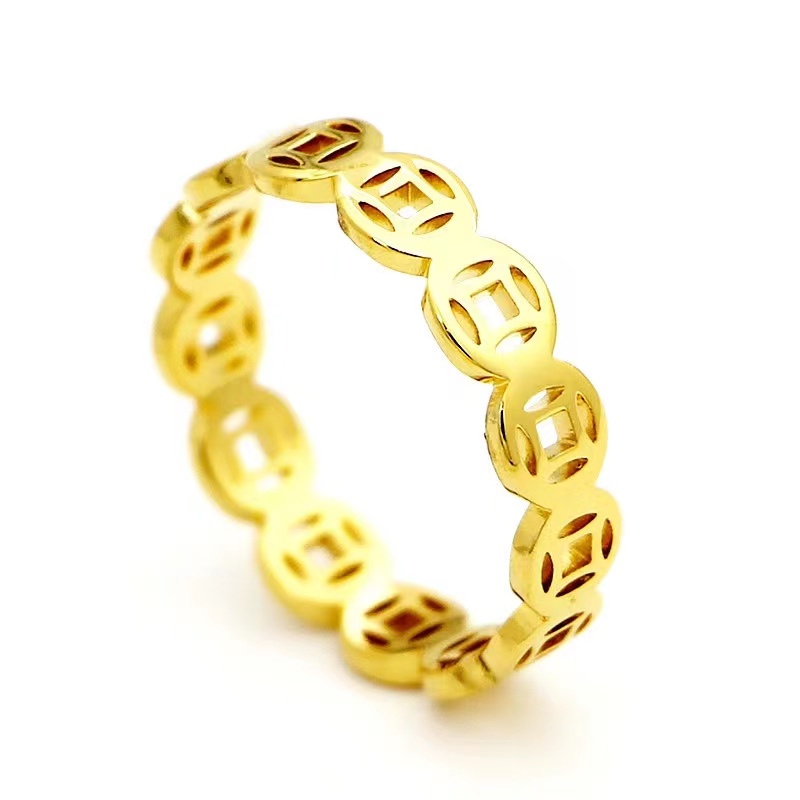 Nhẫn kim tiền bằng titan không gỉ mạ vàng 18k kiểu cổ điển sang trọng dành cho phái nữ