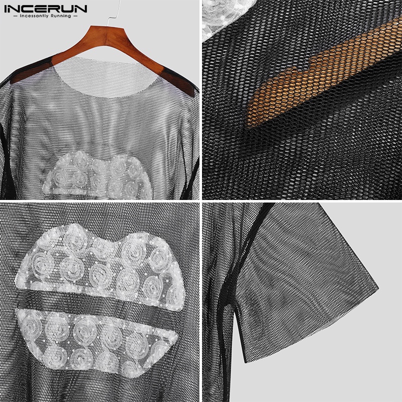 Áo thun INCERUN ngắn tay phối ren xuyên thấu họa tiết đôi môi quyến rũ cho nam