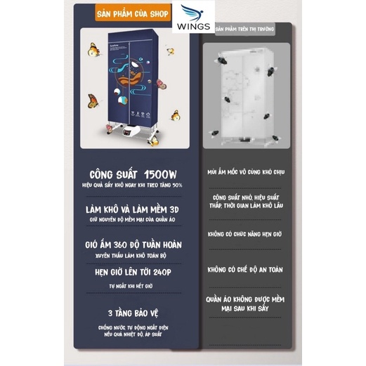 Tủ Sấy Quần Áo Thông Minh Gấp Gọn Wings 1500W Có Remote