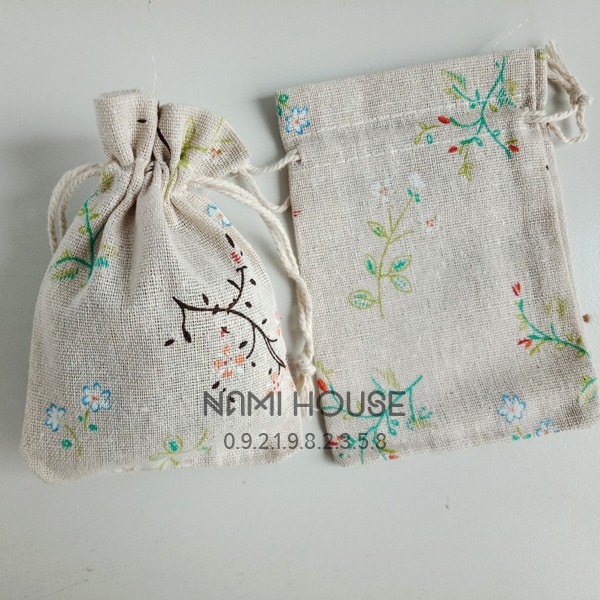 Túi vải lanh túi vải bố họa tiết cành hoa nhỏ vintage có dấy rút kích thước 10x14cm - namimi