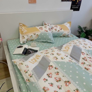 Set chăn ga hè cotton poly hoa hồng xanh