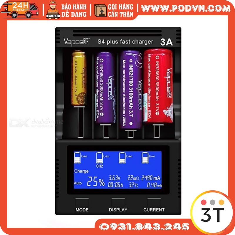 Vapcell S4 PLUS V2 4 khay pin sạc nhanh 12A