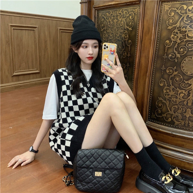 Áo sweater không tay cổ chữ v dáng rộng họa tiết caro phong cách Hàn Quốc cho nữ | BigBuy360 - bigbuy360.vn