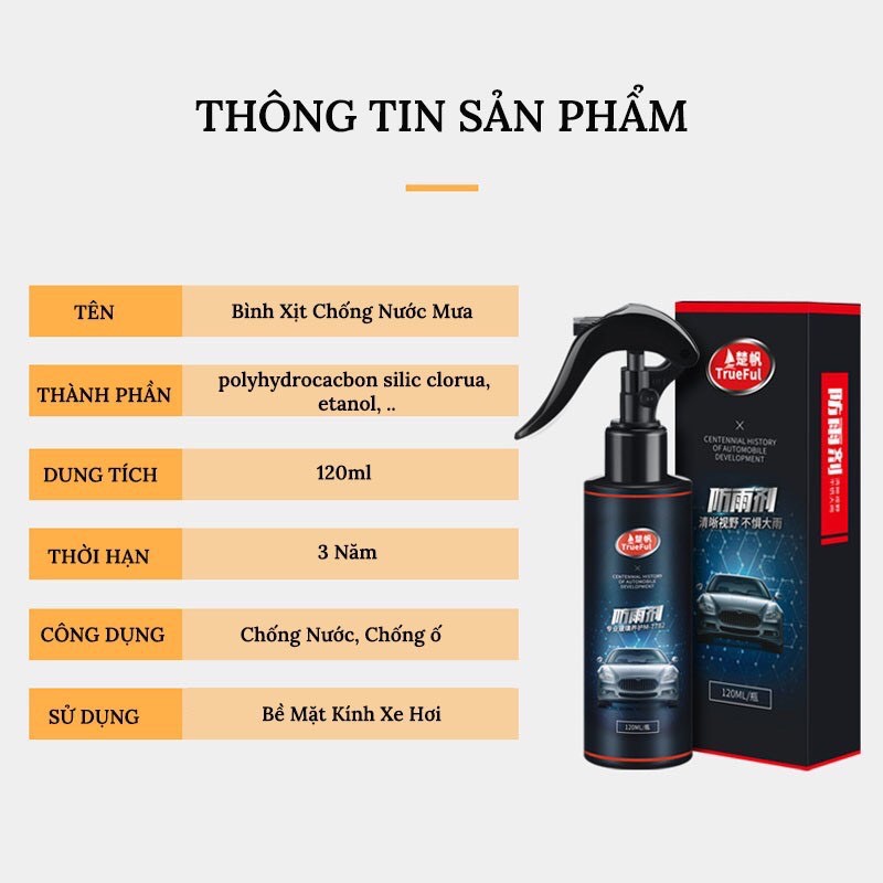 Nano xịt kính xe hơi chống bám nước thương hiệu Trueful 120ml