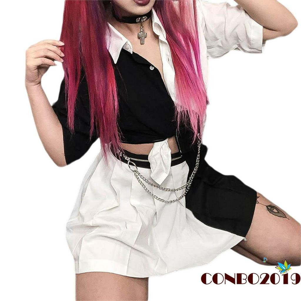 HGM-Summer trend fashion T-shirt black and white punk style short sleeve lapel tie knot shirt shirt women