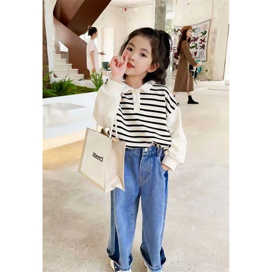 Áo Sweater công chúa phối họa tiết kẻ sọc phong cách Hàn Quốc thời trang thu đông cho bé gái
