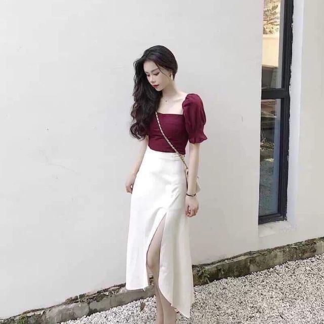 Set áo đỏ cúp ngực & chân váy midi xẻ tà