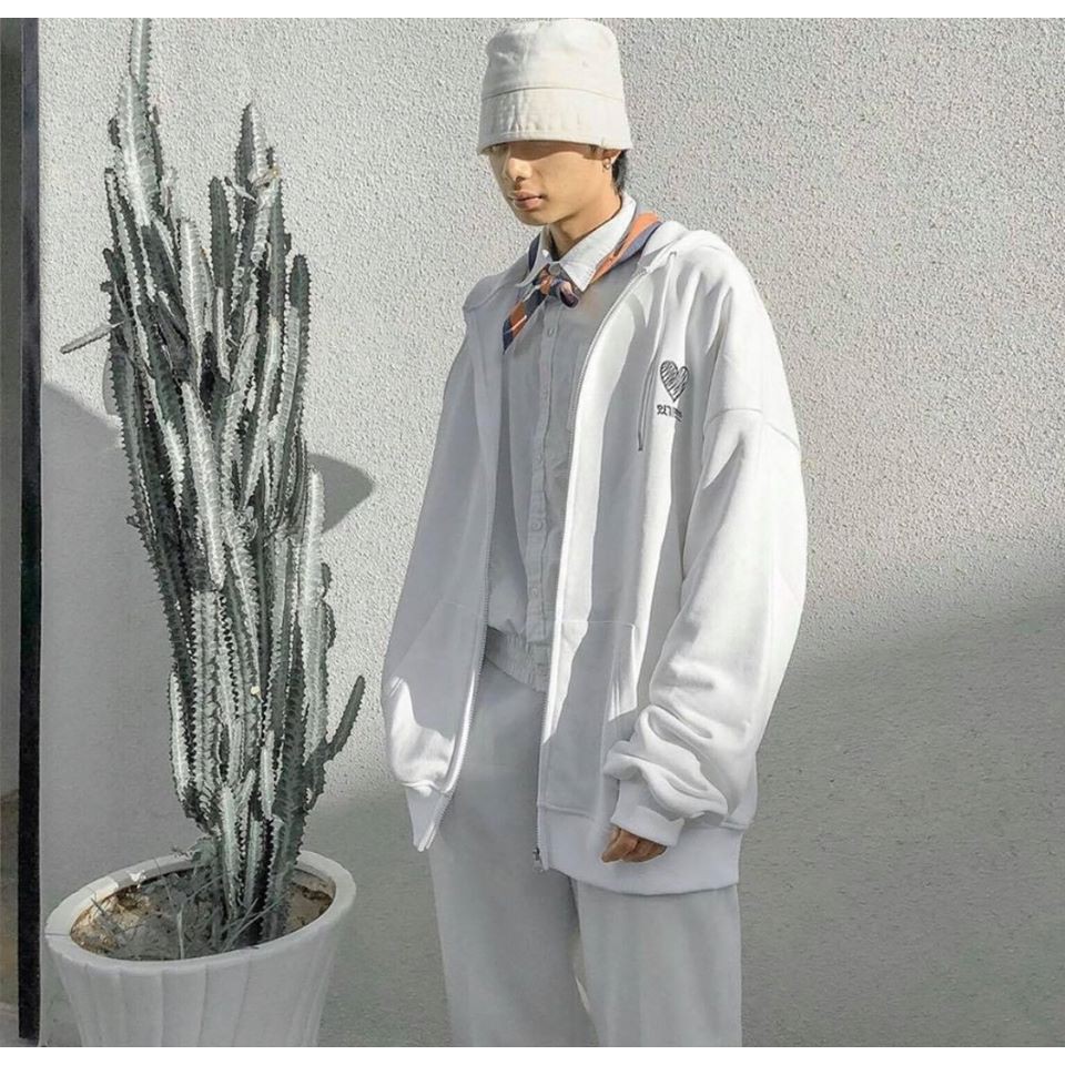 Áo hoodie thêu tim unisex form rộng có dây kéo chất nỉ bông giữ ấm - Valu Store