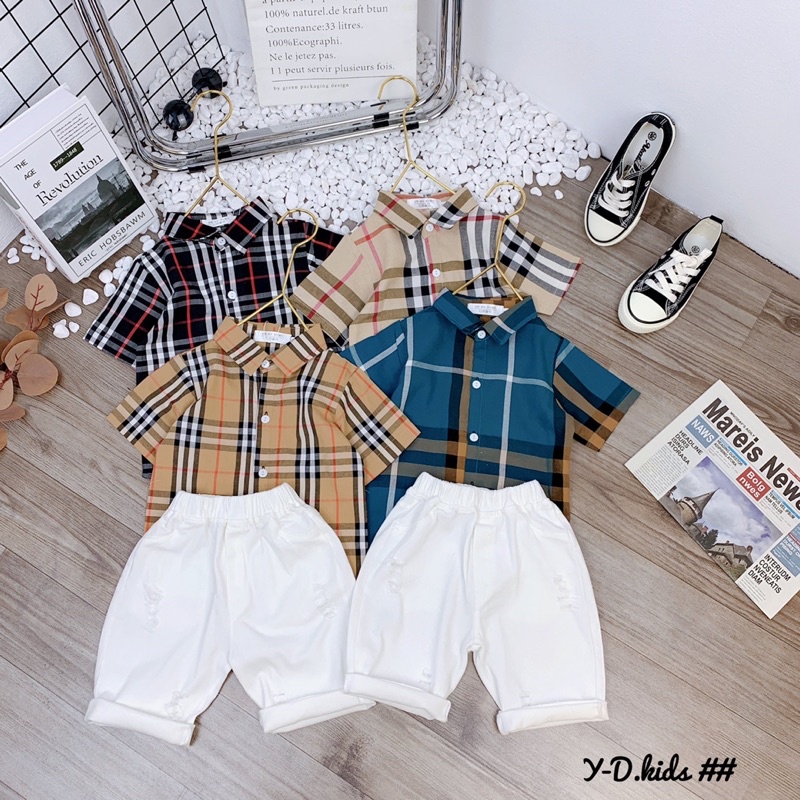 (jean baby) sét bộ áo sơ mi kẻ bbr cộc tay phối quần kaki rách sành điệu (8-17kg)