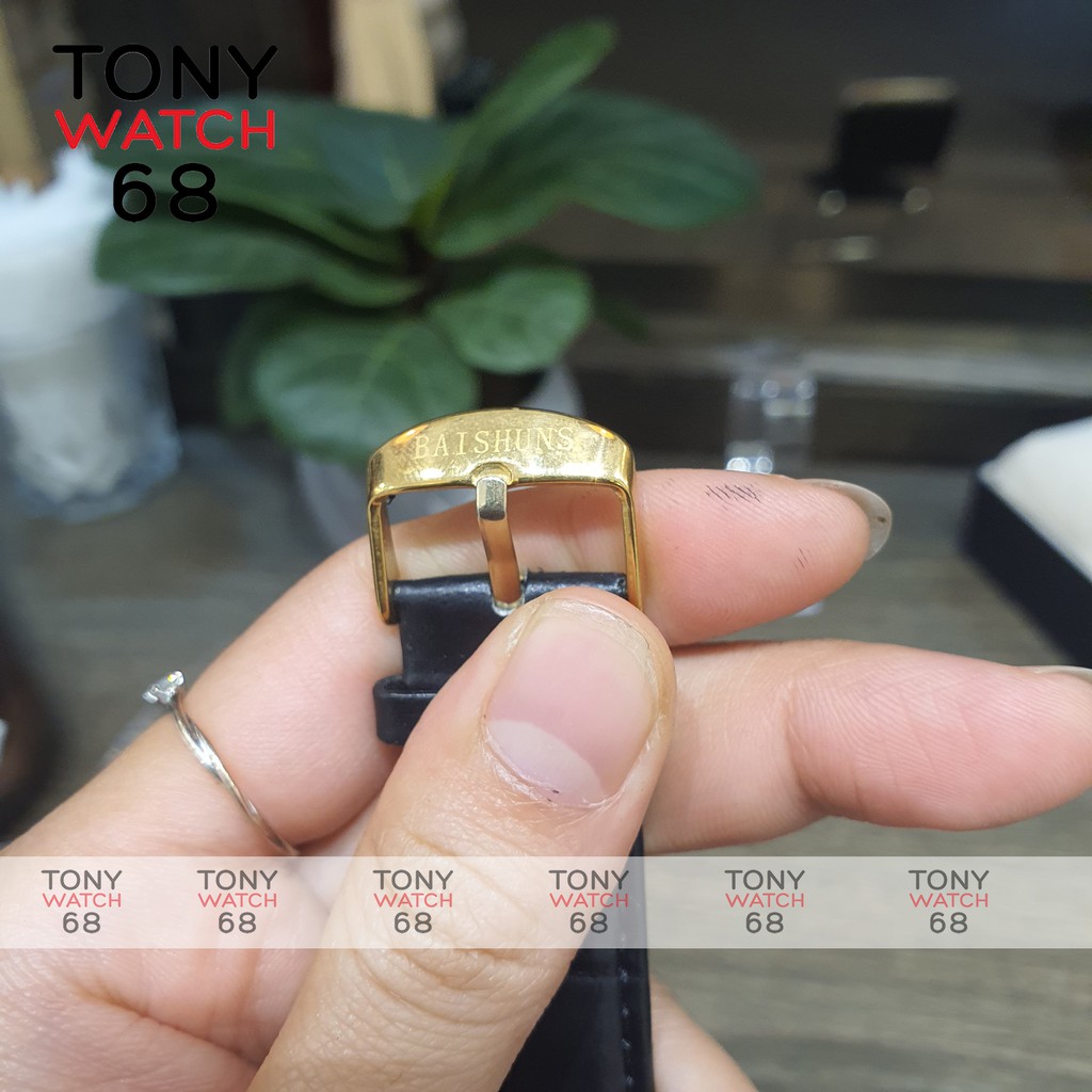 Đồng hồ cơ nam lộ máy giá rẻ dây da chính hãng Baishuns chống nước Tony Watch