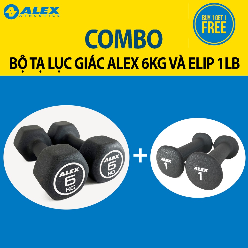 COMBO 2 Bộ Tạ Tay Lục Giác ALEX 6Kg Và Elip ALEX 1LB, Lõi Gang Đặc Bọc Cao Su Cao Cấp Đài Loan Chính Hãng