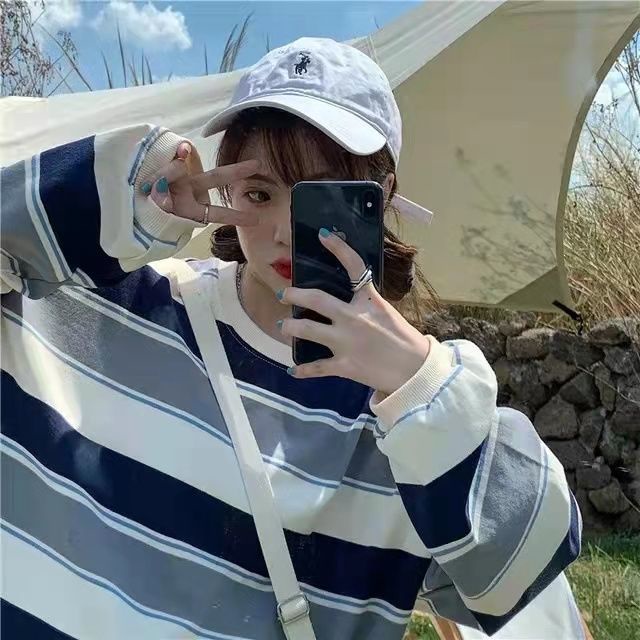 Áo hoodie mỏng tay dài kẻ sọc phong cách Nhật Bản thời trang xuân thu cho nữ 2021