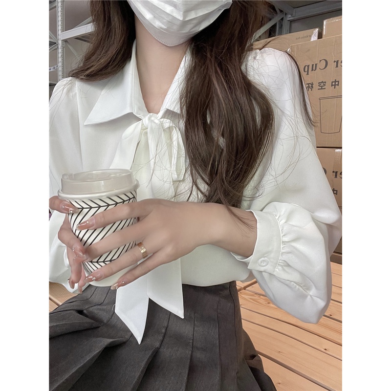 Áo sơ mi tay dài cổ bẻ thắt nơ dáng rộng màu trắng phong cách Hàn Quốc mùa thu thời trang mới dành cho nữ