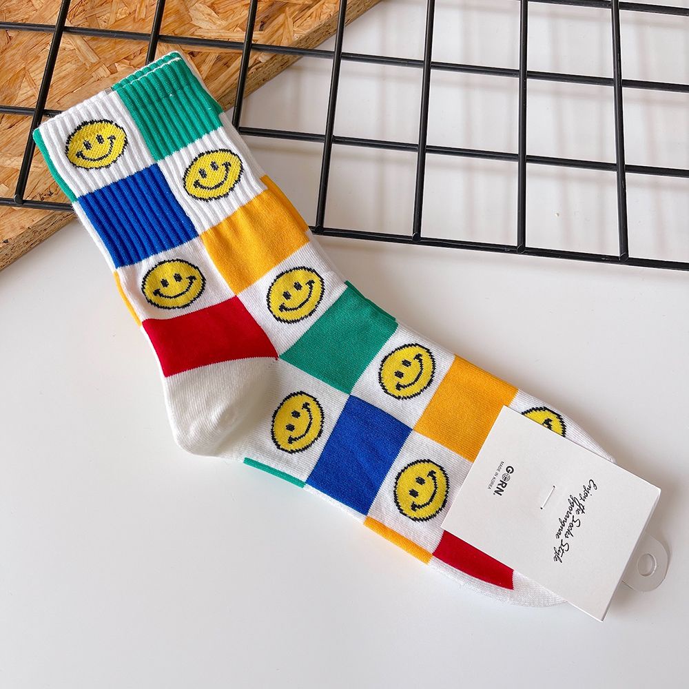 Vớ cotton cổ trung thoáng khí in hình mặt cười nhiều màu thời trang cho nữ