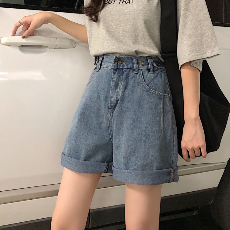 Quần Short Denim Nữ Lưng Cao Dáng Rộng Phong Cách Hàn Quốc