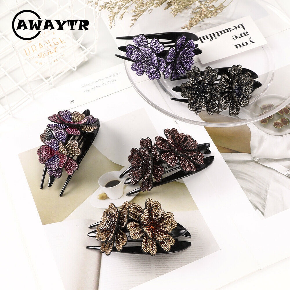 Kẹp Tóc Đuôi Ngựa Đính Đá Hình Hoa Kép Thanh Lịch Cho Nữ