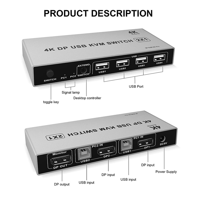 Bộ chuyển đổi KVM 2 cổng 4K 60Hz Ultra HD USB và DP cho laptop PC HDTV