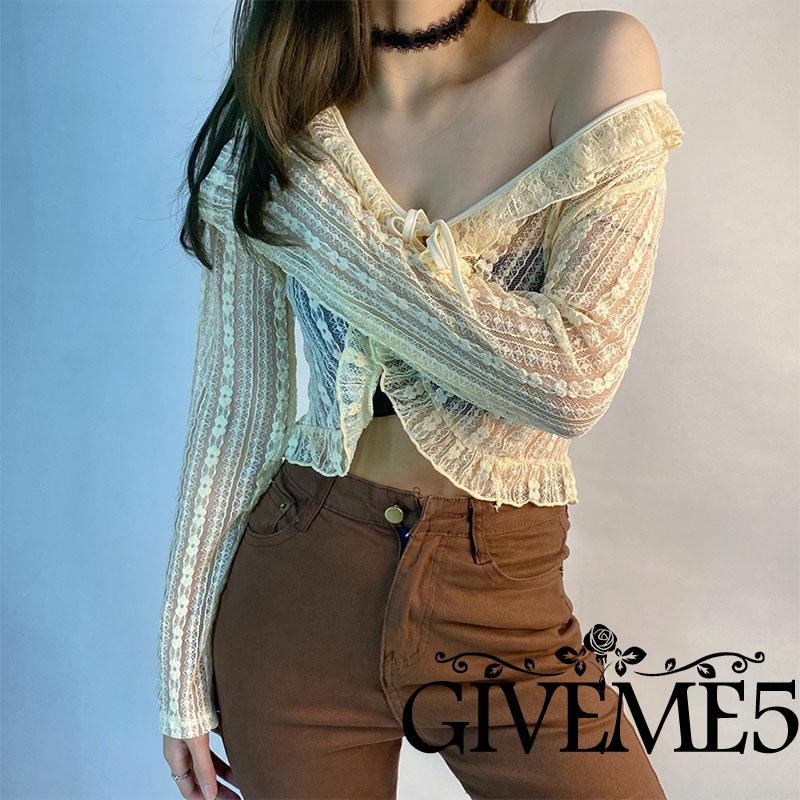 Áo cardigan croptop tay dài cổ chữ V phối diềm xếp nếp vải mỏng xuyên thấu phối ren hoa cột dây dành cho bạn nữ