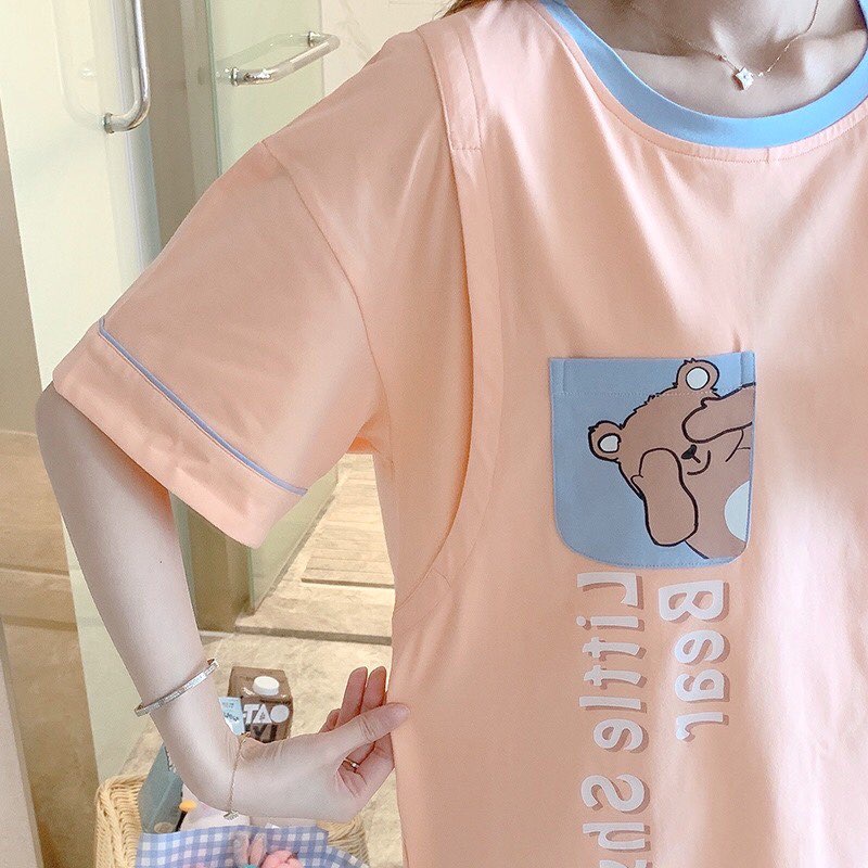 BĐ866Bộ đồ bầu và sau sinh chất cotton với họa tiết in hình dễ thương có vén ngực cho bé bú tiện lợ