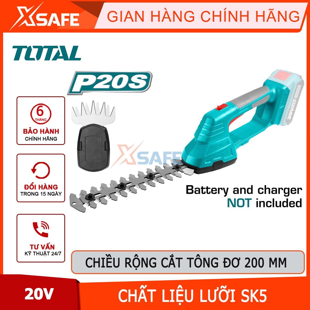 Máy cắt hàng rào dùng pin 20V TOTAL TSTLI2001, chiều rộng máy cắt của tông đơ 200mm,chiều rộng lưỡi cắt cỏ 100mm