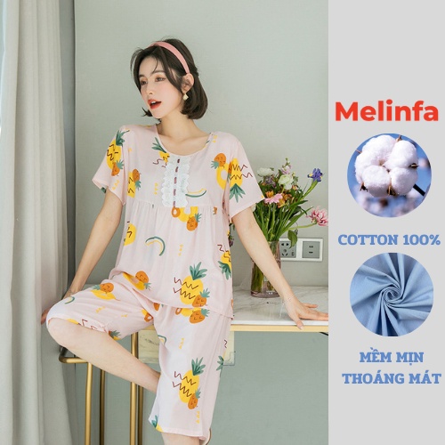 Bộ đồ ngủ nữ, Bộ đồ mặc nhà áo ngắn tay, bộ lanh lửng lụa cotton tự nhiên thoáng mát, bộ lanh nữ mã VABD0169